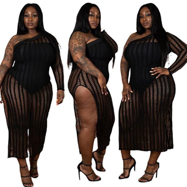 

casual dresses plus size black mesh dress woman wholesale elegant single sleeve party see through maxi summer 2021 drop, Black;gray