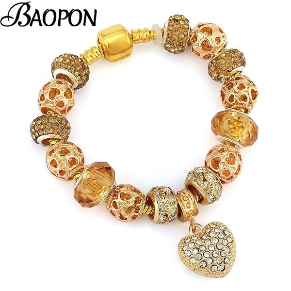 

charm bracelets vintage gold color with crystal heart pendant & glass beads brand for women jewelry gift drop, Golden;silver
