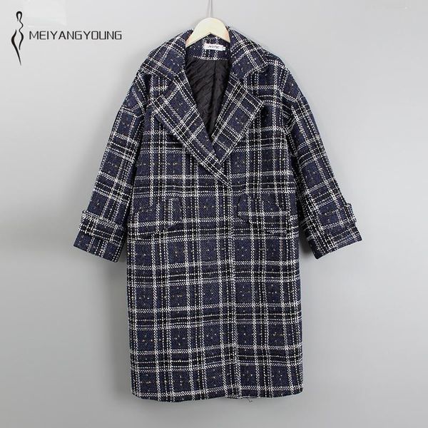

women's wool & blends meiyangyoung plaid winter coat jacket women turn down collar pockets warm thick long harajuku korean female overc, Black