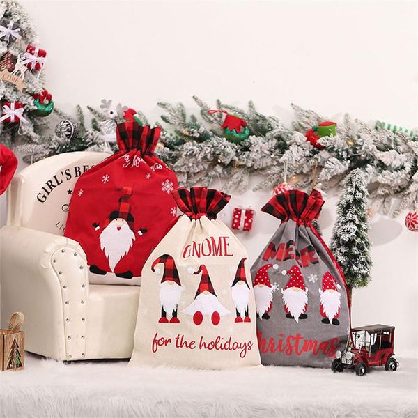 Decorazioni natalizie 2021 Sacchetto di caramelle Confezione regalo con stampa di Babbo Natale con coulisse per grigio / beige / rosso