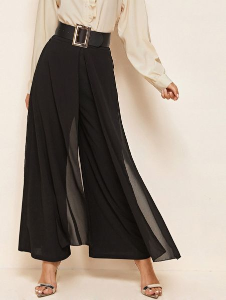 

split skirt overlay buckle belted wide leg pants o57g#, Black;white
