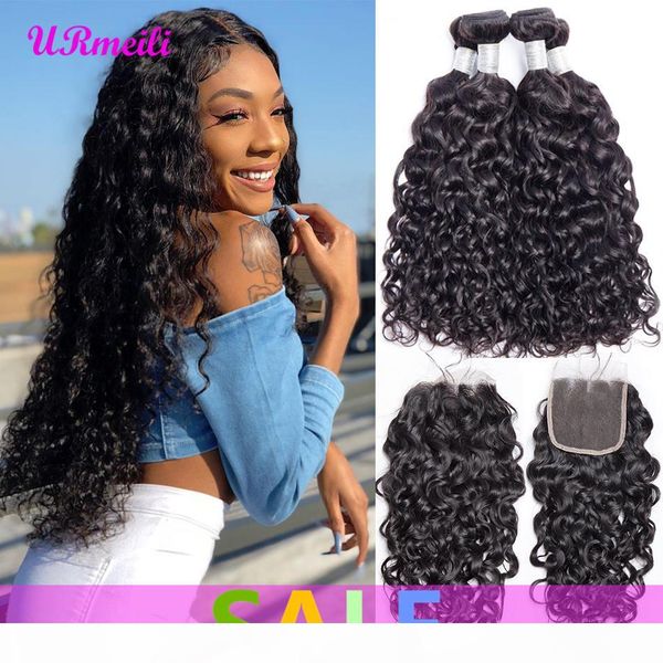 

water wave bundles with closure raw virgin indian hair water weave bundles with closure 100% human hair weave 3 4 bundles with closure, Black;brown