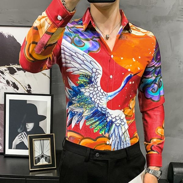

new 2021 spring korean social party slim fit luxury camisa masculina flower animal print men shirt 1b2u, White;black