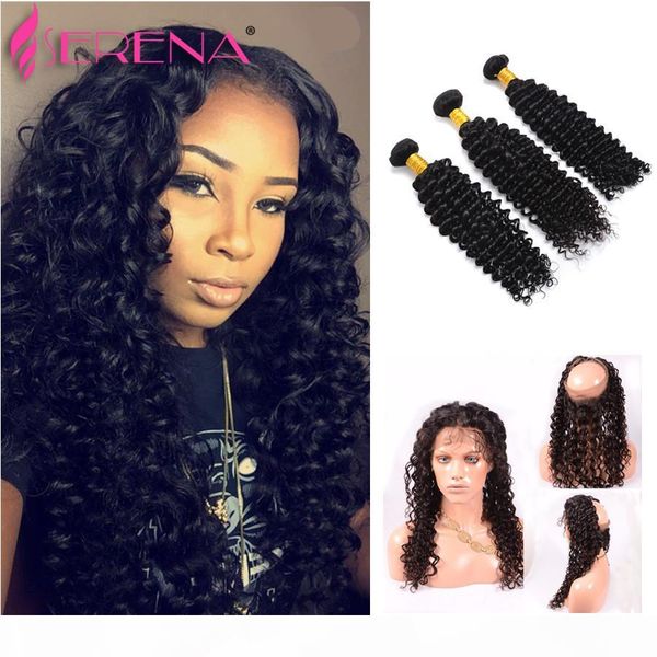 

sell 360 lace frontal with bundles deep wave indian virgin hair 360 frontal with bundles 7a virgin unprocessed human hair, Black;brown