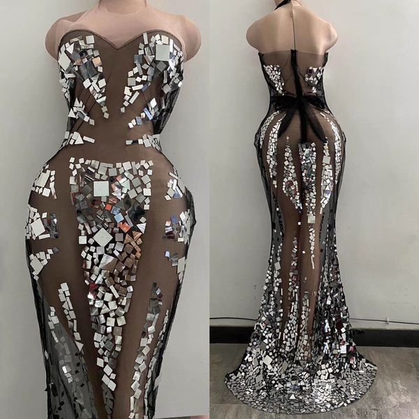 

see-through mirror dress for women cerebrity party long dress elastic black mesh nightclub rave clothes stage american clothing, Black;red