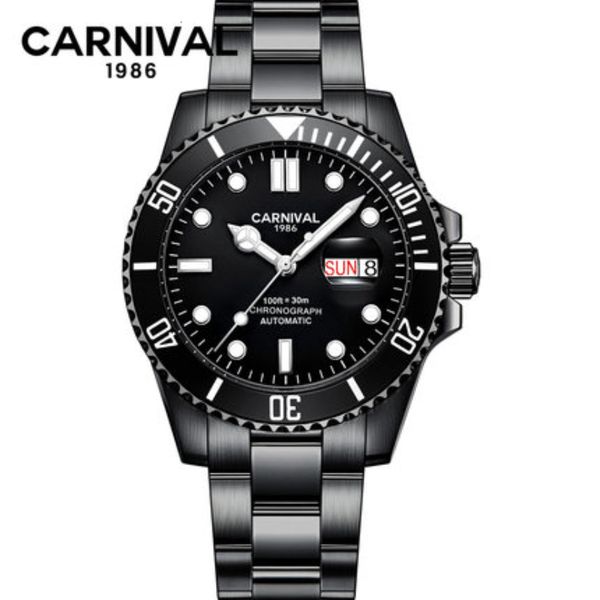

water ghost series carnaval automatic black clocks men calendar lighting inventory mechanical clock hombre week waterproof, Slivery;brown