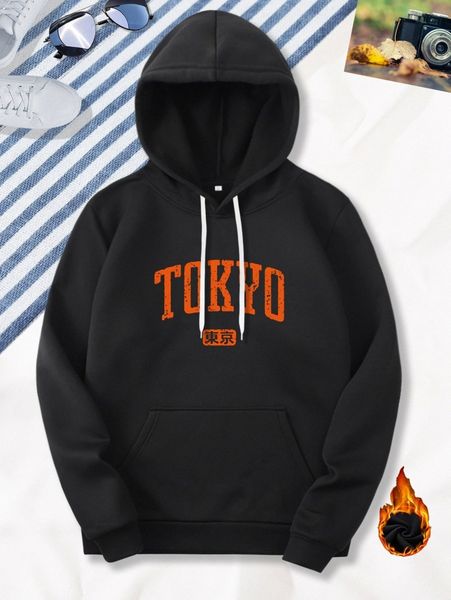 

men japanese letter graphic kangaroo pocket drawstring thermal hoodie q8g2#, Black