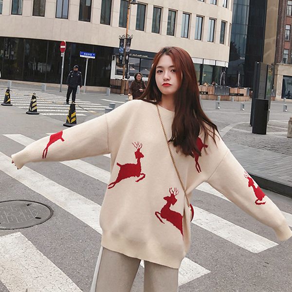 

christmas deer nightgown loosely korean style lazying knit sweater clothes pull women's fast, White;black