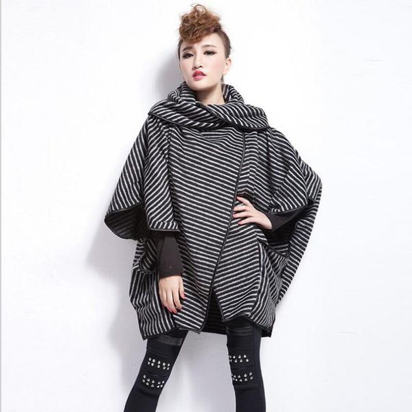 

winter new autumn european and american large size women's jacket stripes personality black multi-pocket loose cardigan coat