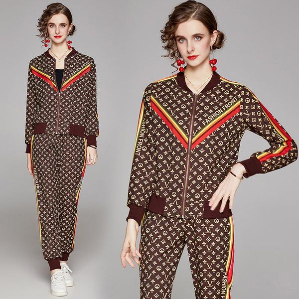 

women's two piece pants ladies casual suit stand-up collar european and american fashion all-match slim cardigan positioning printing +, White
