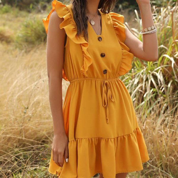 

2021 new summer boho beach elegant ruffled sleeveless v neck high waist a line lace up button mini chiffon v0ag, Black;gray