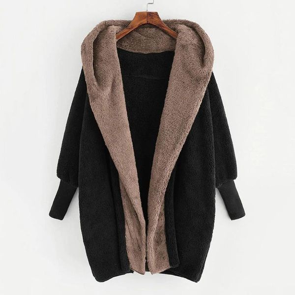 

women's wool & blends women fashion double size thick jacket casual solid color long sleeve patchwork loose hooded collar winter for la, Black