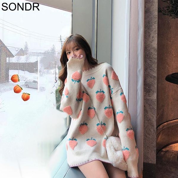 

women's sweaters kawaii women sweater autumn winter sweet lolita cute pink pullover loose cartoons strawberry pattern knit long, White;black