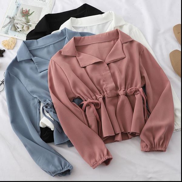 

korean casual chiffon womens short style blouses fit solid ladies long sleeve turn down collar shirts blusas mujer, White
