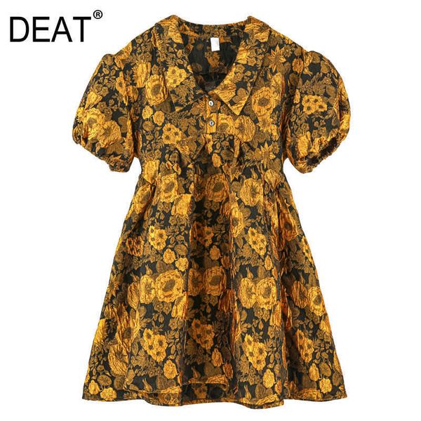 

[deat] summer fashion turn-down collar high waist puff sleeve printing temperament mini dress women 13w302 210527, Black;gray