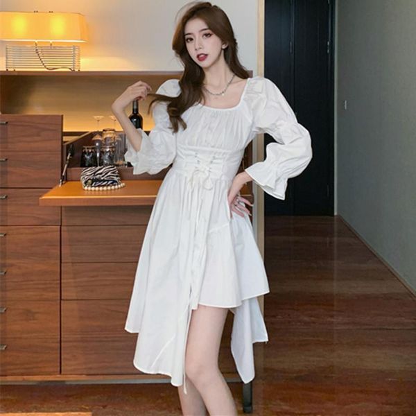 

casual dresses chic women party off shoulder irregular dress autumn square neck puff sleeve binding waist fashion pleated mini, Black;gray