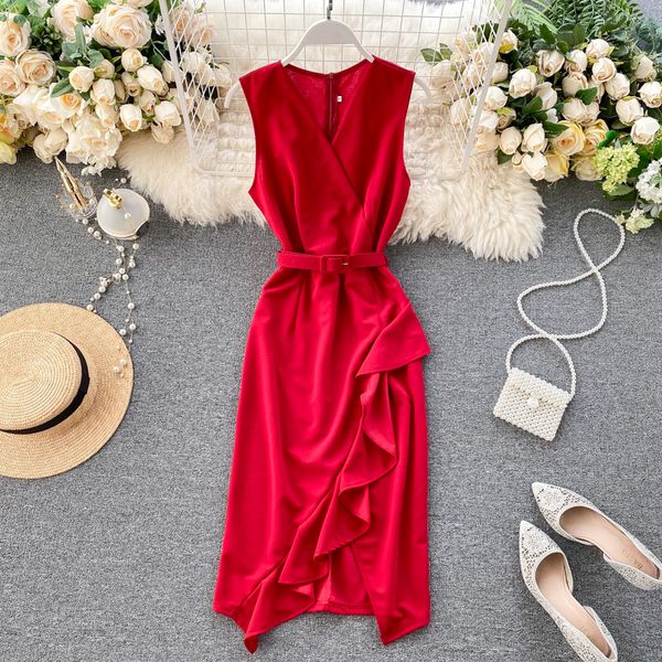 

2021 new ruffles slim v neck summer midi bandage irregular bodycon party tank sun women casual knee length pp461 wcgv, Black;gray