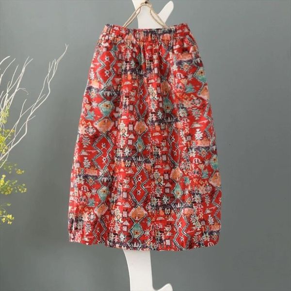 

print vintage midi women skirts plus size clothes tulip high waist cotton, Black