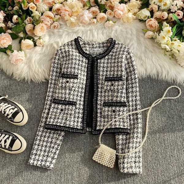 

women's jackets french tweed plaid small fragrant wind short jacket female korean temperament retro women, Black;brown