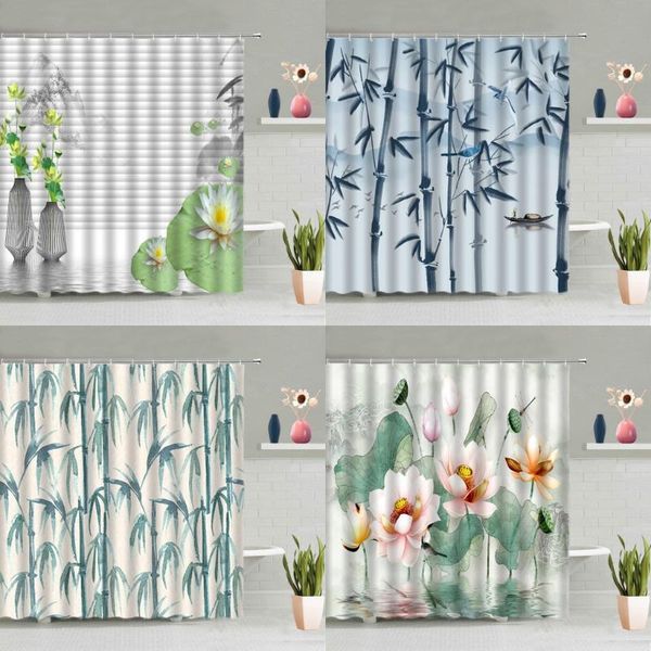 

shower curtains chinese style curtain ink bamboo flowers bird pink lotus plum blossom bathroom bathtub decor screen washable with hooks