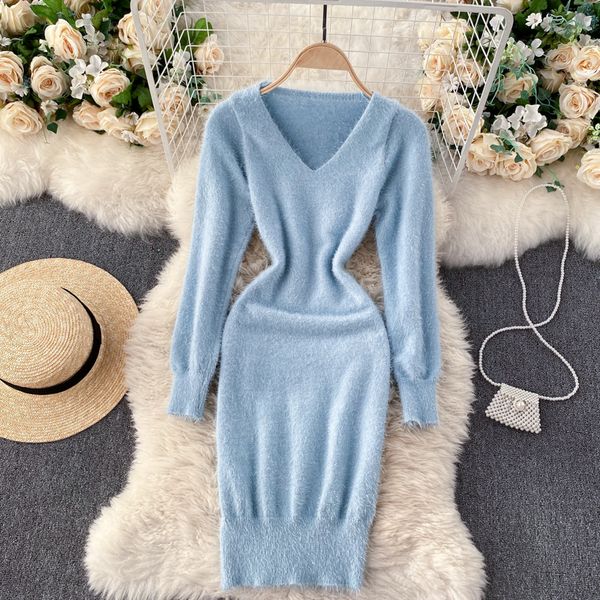 

y women soft knitted short dress korean v neck long sleeve slim pencil dress autumn winter warm bodycon sweater dresses, Black;gray