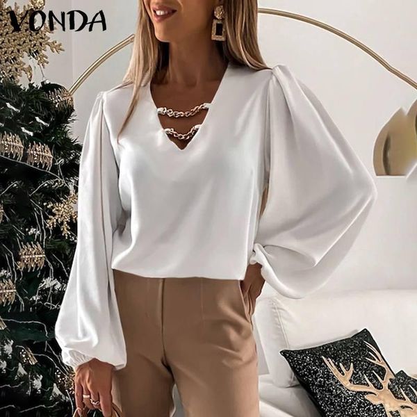 

women's blouses & shirts women elegant office blouse 2021 vonda fashion long lantern sleeve v neck casual solid chain blusas, White