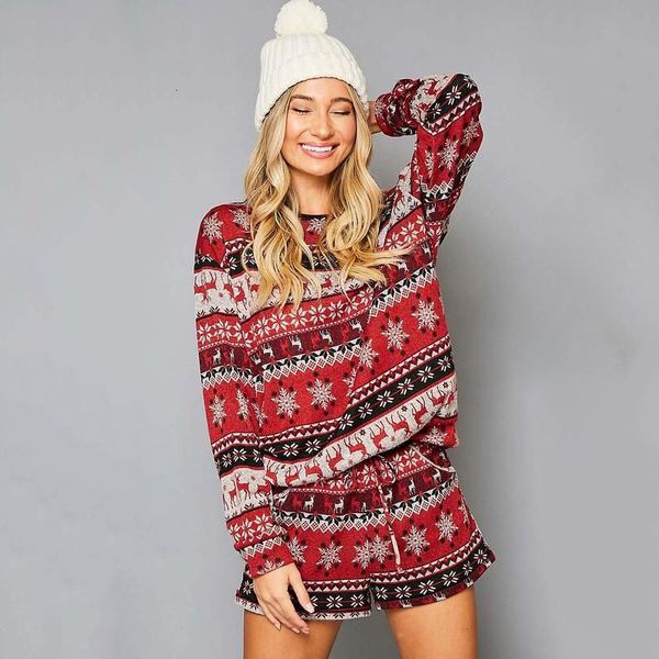 

2021 new women fashion christmas print home casual o-neck long sleeve drawstring and loose short pants pieces festival suit autumn 6cnx, White