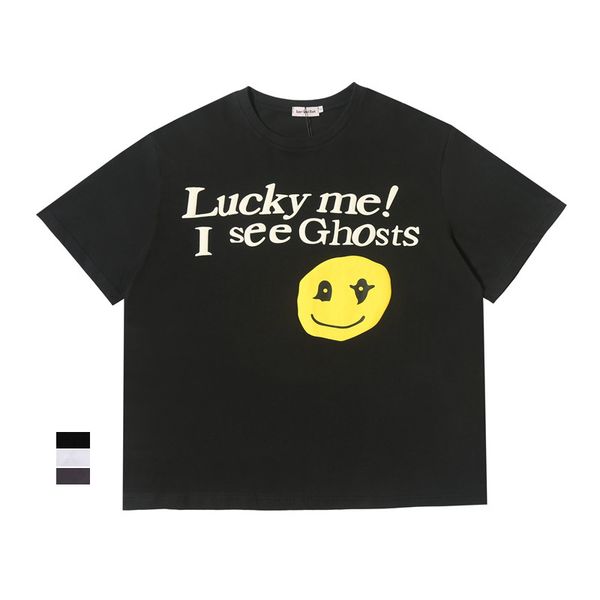

gaojiechao brand oversized short sleeve kanye lucky me kids see ghosts smiley face flame t-shirt, White;black