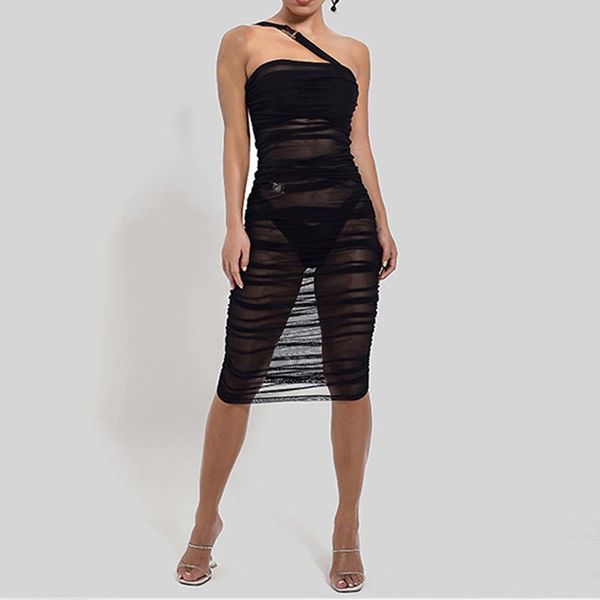 

women's swimwear black mesh swimsuit 2021 one-shoulder cover up solid see though and beachwear vintage folds bathing suit, White;black