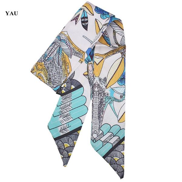 

scarves 95cm*5cm leaves bird printed small scarf women twill silk headband long bag accessories ribbon, Blue;gray