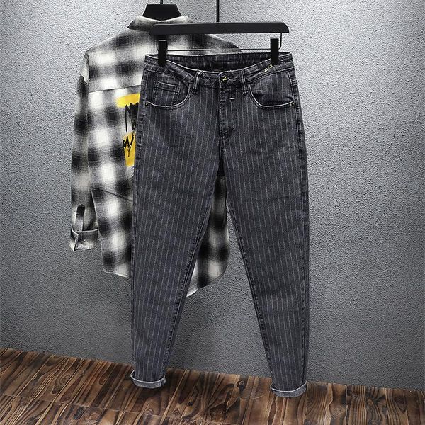 

men's jeans japanese style fashion men stripe designer casual denim pencil pants business elastic vintage long trousers, Blue
