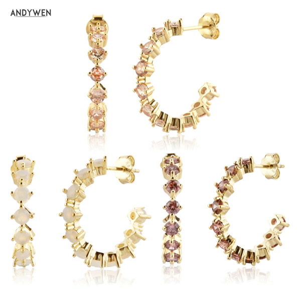 

hoop & huggie andywen 925 sterling silver gold opal champagne hoops earring circle rihodolite loops clips huggies luxury wedding jewelry gif, Golden;silver