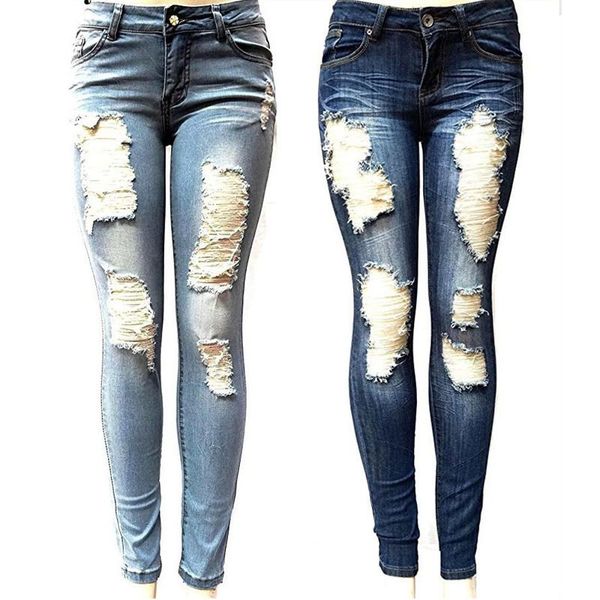 

women's jeans mid-waist frayed trousers ripped for women skinny, Blue