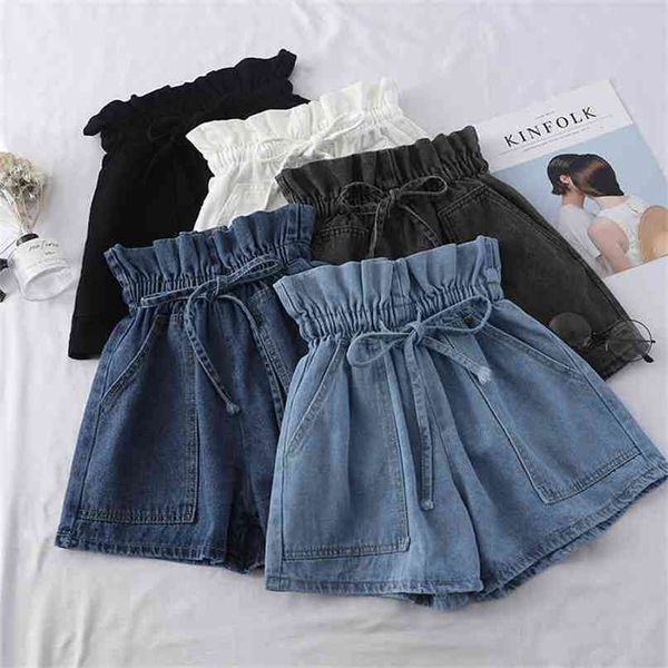 Verão Alto Cintura Denim Shorts Mulheres Casual Soltos Senhoras Lace-up Bolso Elástico Azul Branco Branco Calça Negra Feminino Praia 210722