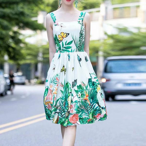 

casual dresses stylish fashion 2021 designer runway dress women's slash neck spaghetti strap floral short, Black;gray