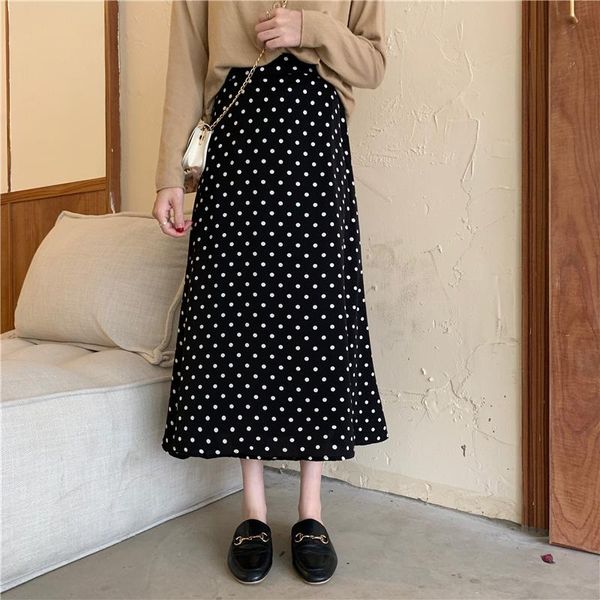 

skirts spring and summer korean style high waist slimming polka dot half-length a-line skirt chiffon mid-length female, Black
