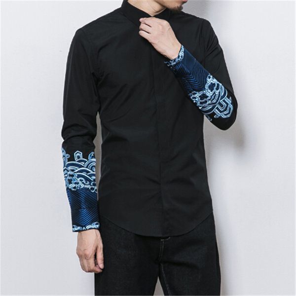 

2021 autumn japanese chinese style men's long sleeve young man retro casual slim embroidered stand-collar shirt l48b, White