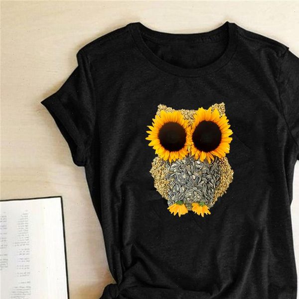 

sunflower owl print women t shirt womens fashion aesthetic summer t shirt short sleeved polyester funny t shirts female, White