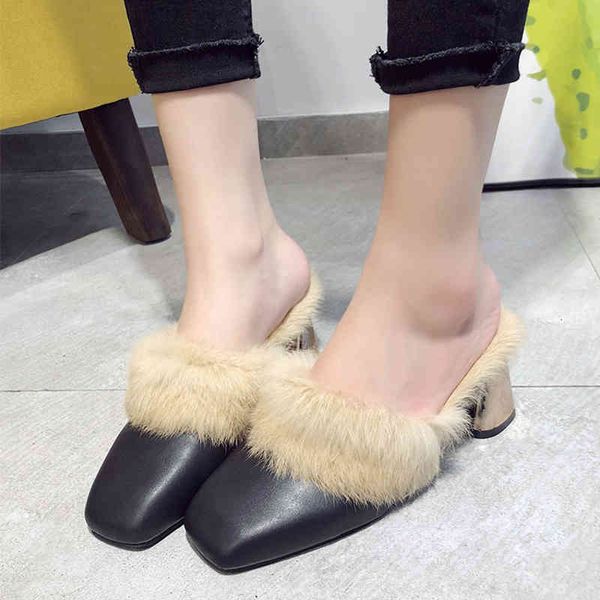 

slippers casual shoes woman female med mule high heels flip flops pantofle heel square cover toe luxury teddy so 23mz, Black