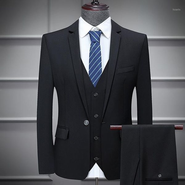 

men's suits & blazers 3 pcs suit sets jacket vest pants / 2021 fashion casual boutique business slim plaid pure color groom wedding for, White;black