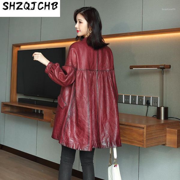 

women's high-end leather coat mid-length sheepskin cloak shirt small round neck loose korean style windbreaker suits & blazers, White;black