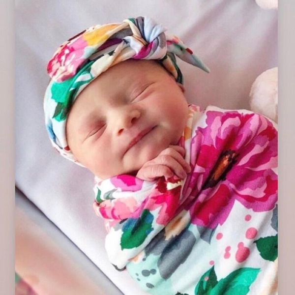 

newborn baby receiving blanket headband set floral swaddle wrap hair accessories dropshipping