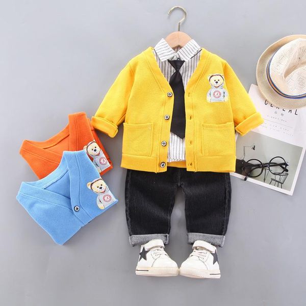 

clothing sets 3 pcs/set autumn casual children's baby fashion knit cardigan striped long sleeve shirts pants boys outfits set ropa, White