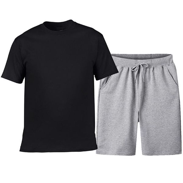 

men's tracksuits 2021 summer solid color pure cotton short-sleeved t-shirt + sports sweat shorts breathable loose suit men, Gray