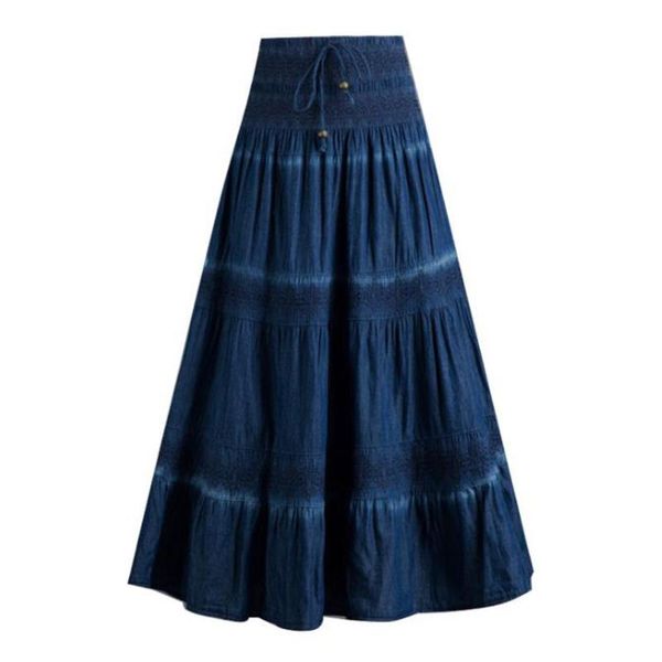 

skirts casual jeans women's denim maxi skirt elastic high waist party solid 2021 long summer pleated jupes femininas, Black