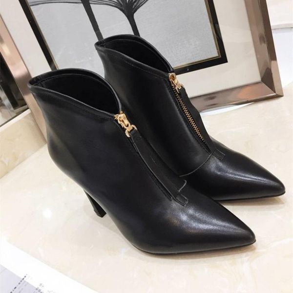 

boots winter comfortable pointed toe pure color ankle zipper thin heel fashionable prom women shoes1, Black
