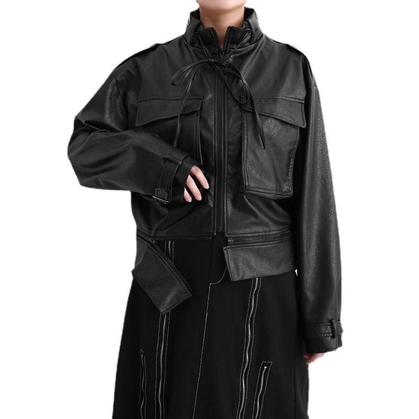 

women's jackets loose fit pu leather big size black coat stand collar long sleeve fashion spring autumn 2021 coats clothing, Black;brown