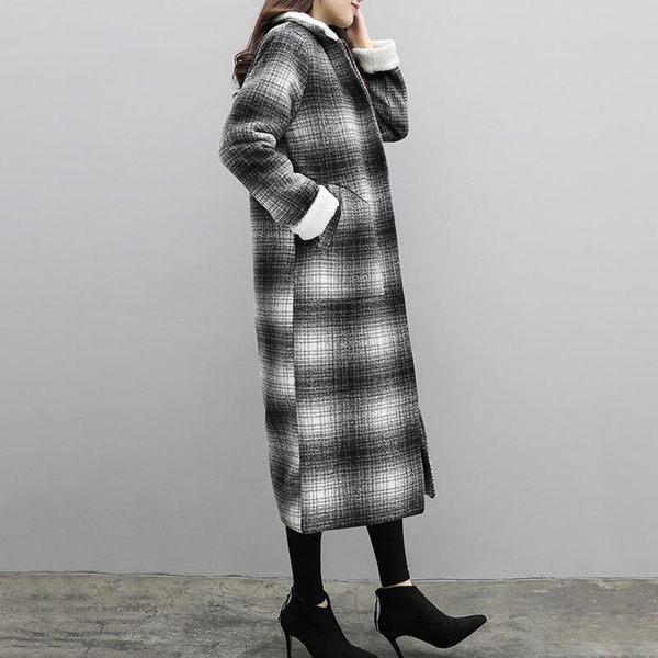 

women's wool & blends office lady solid long coat wide-waisted blend and jacket turn-down collar women coats autumn winter, Black