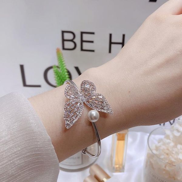 

bangle zhouyang butterfly for women luxury korean style hollow imitation pearls zircon open bracelet jewelry wholesale kab061, Black