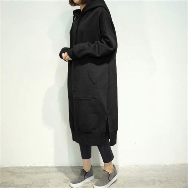 

women loose long hoodie casual solid color hooded sweatshirts students autumn winter baggy pullover oversized sweatshirt dress, Black